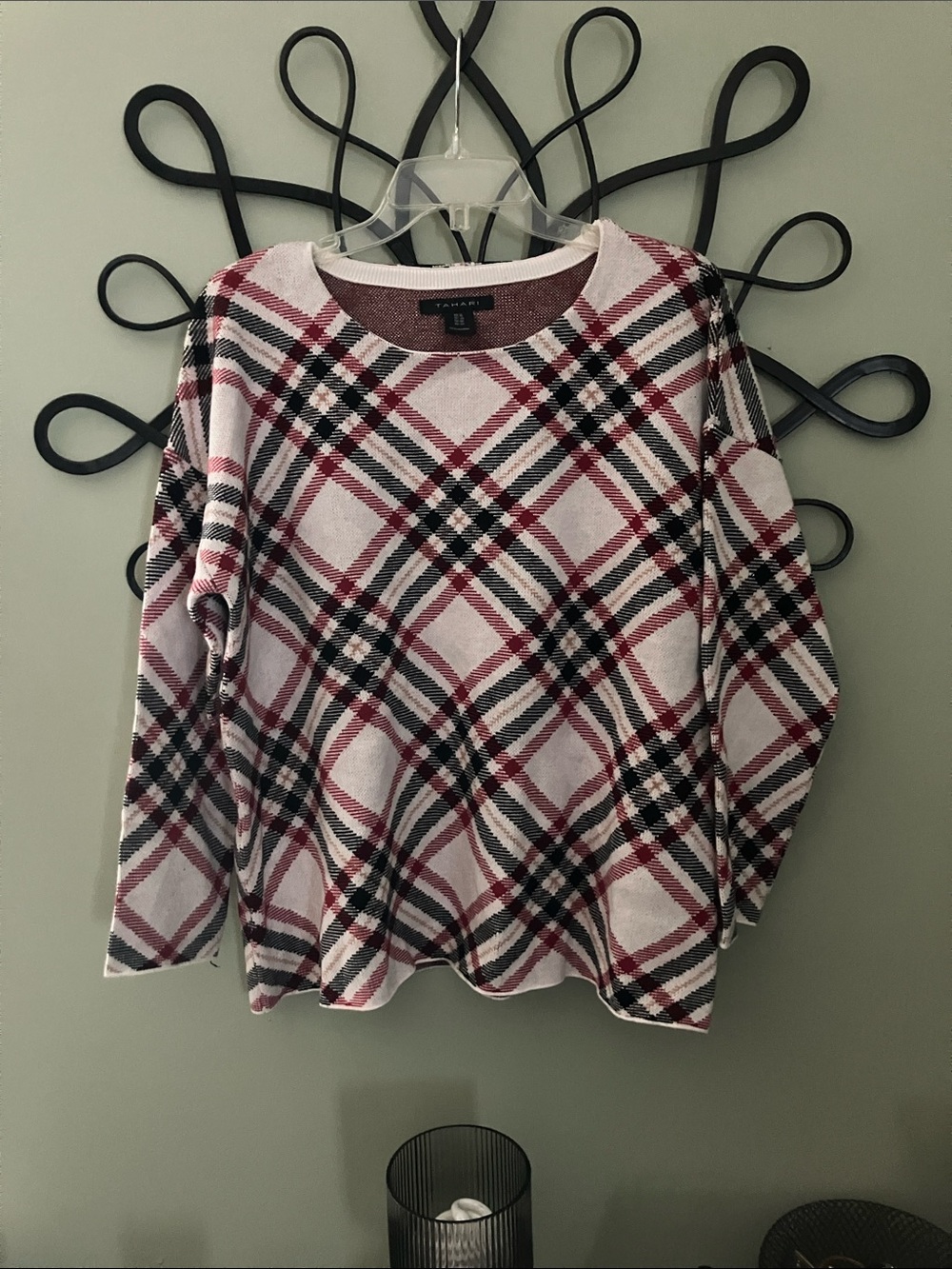 Tahari Pink Black & White Plaid Crewneck Sweater
